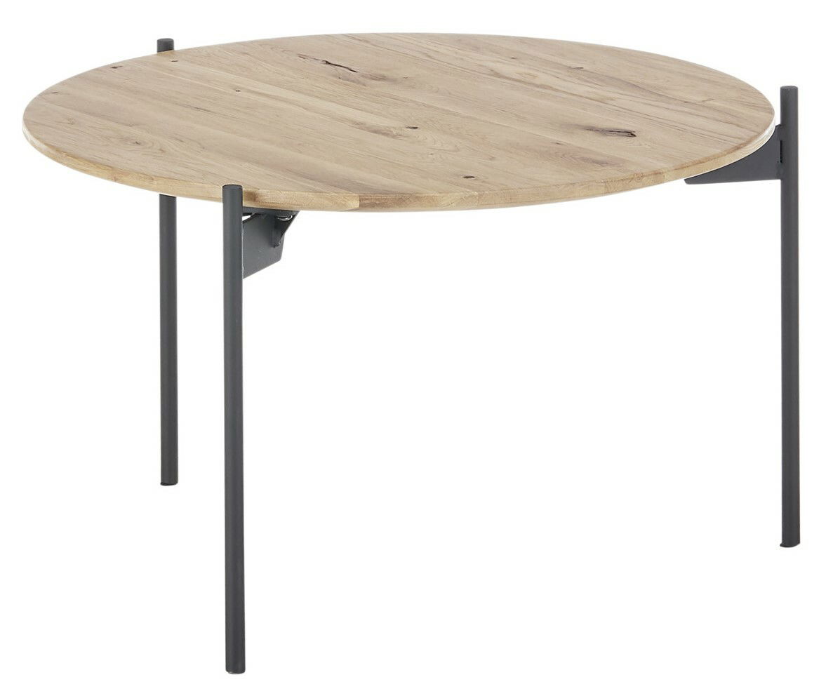 Runder Beistelltisch mit Holzplatte und schwarzen Metallbeinen, seitliche Perspektive