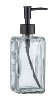 Transparenter Seifenspender mit schwarzem Pumpkopf, seitliche Perspektive