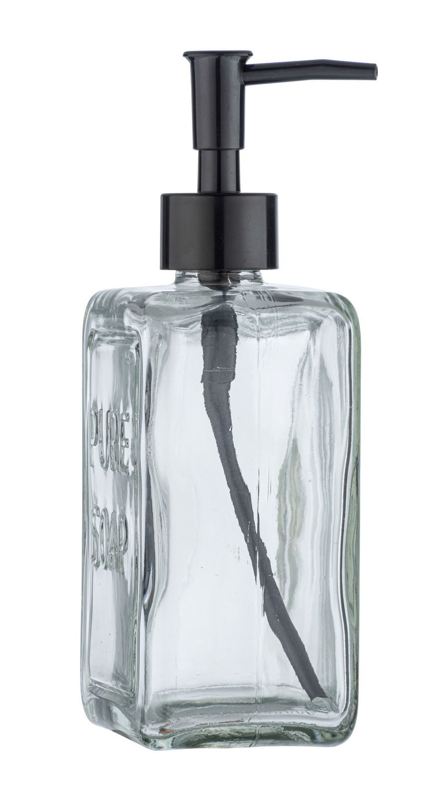 Transparenter Seifenspender mit schwarzem Pumpkopf, seitliche Perspektive