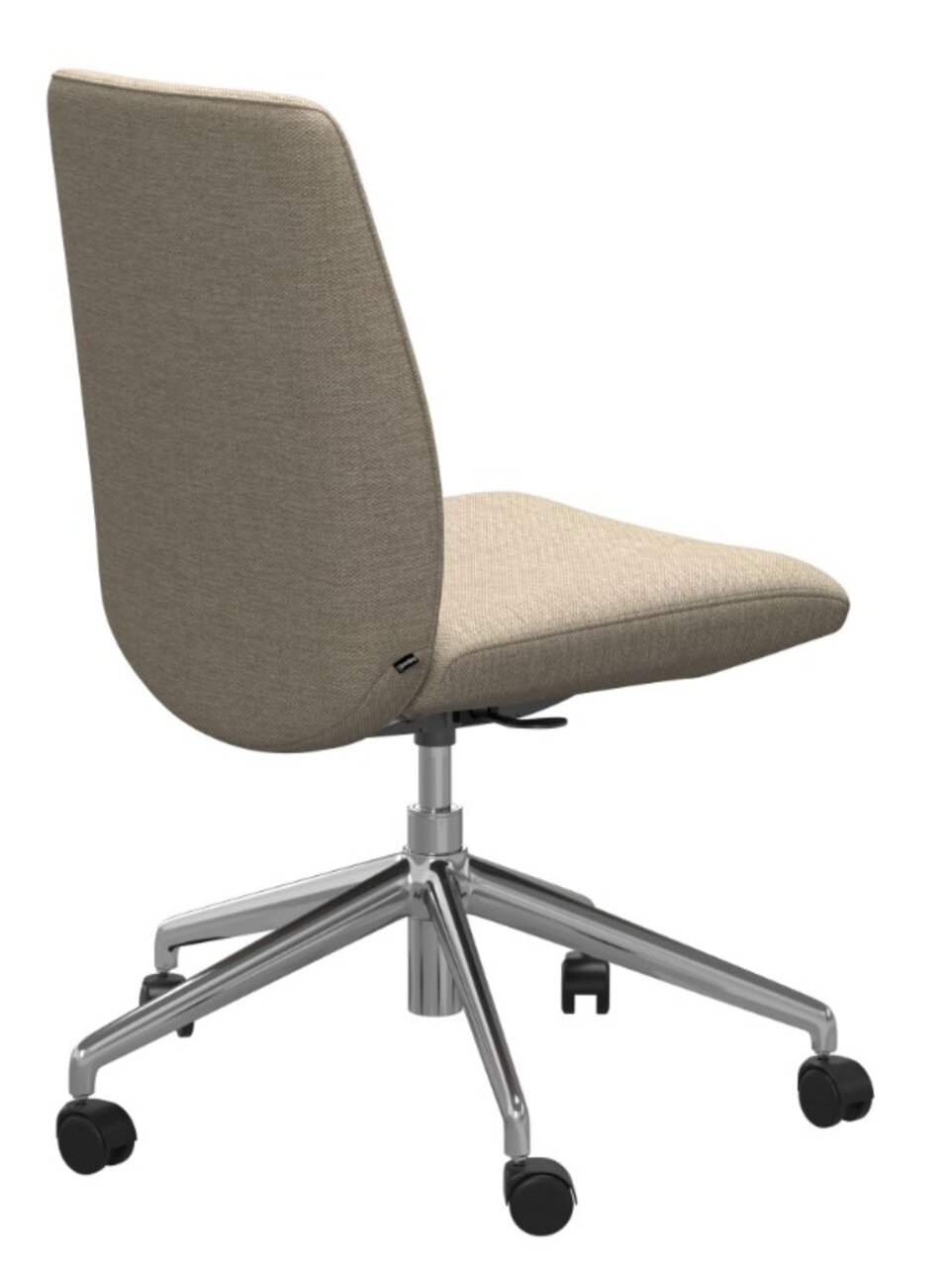 Rückansicht eines modernen Home Office Stuhls mit beigem Stoffbezug und verchromtem Drehgestell auf Rollen.