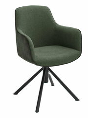 Moderner grüner Sessel mit Armlehnen und schwarzem Metallgestell, seitliche Perspektive