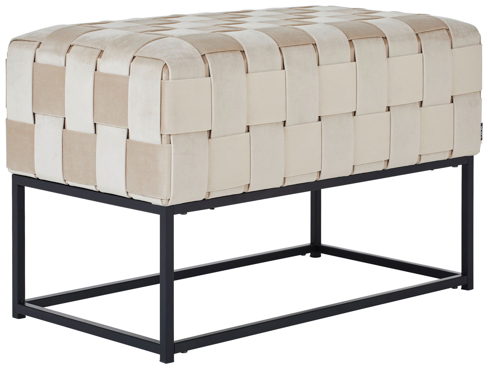 Hockerbank mit geflochtenem Stoff in Beige- und Cremetönen, seitliche Perspektive