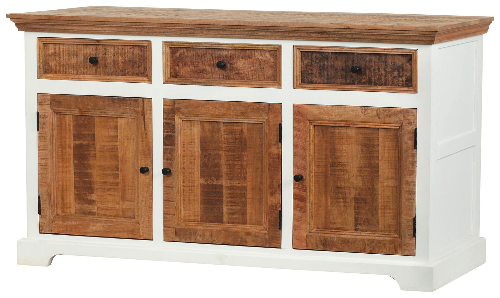 Rustikales Sideboard aus Holz mit drei Schubladen und drei Türen, Vorderansicht