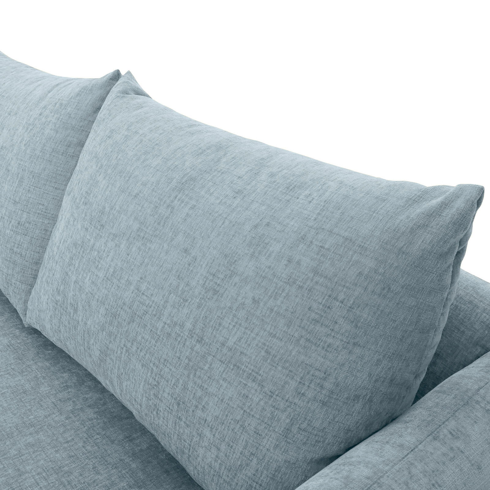 Nahaufnahme eines hellblauen Sofakissens mit strukturiertem Stoff, Perspektive von oben.