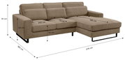 Braunes Sofa in L-Form mit rechter Ausrichtung, Gesamtmaße 276 cm x 183 cm, mit detaillierten Abmessungen der Sitz- und Rückenkissen. Perspektive von vorne rechts.