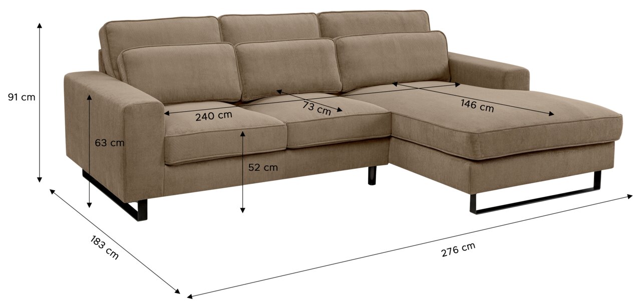 Braunes Sofa in L-Form mit rechter Ausrichtung, Gesamtmaße 276 cm x 183 cm, mit detaillierten Abmessungen der Sitz- und Rückenkissen. Perspektive von vorne rechts.
