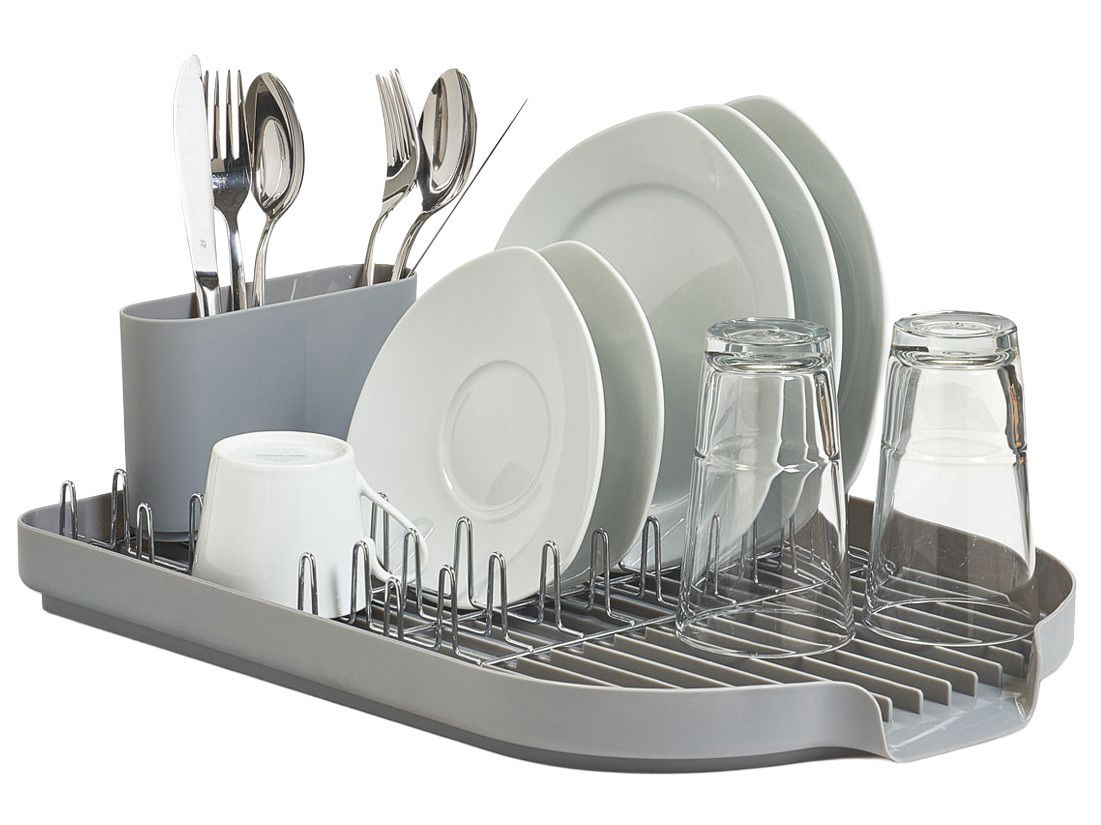 Geschirrabtropfständer aus grauem Kunststoff mit Besteckhalter, Teller, Tassen und Gläsern, seitliche Perspektive