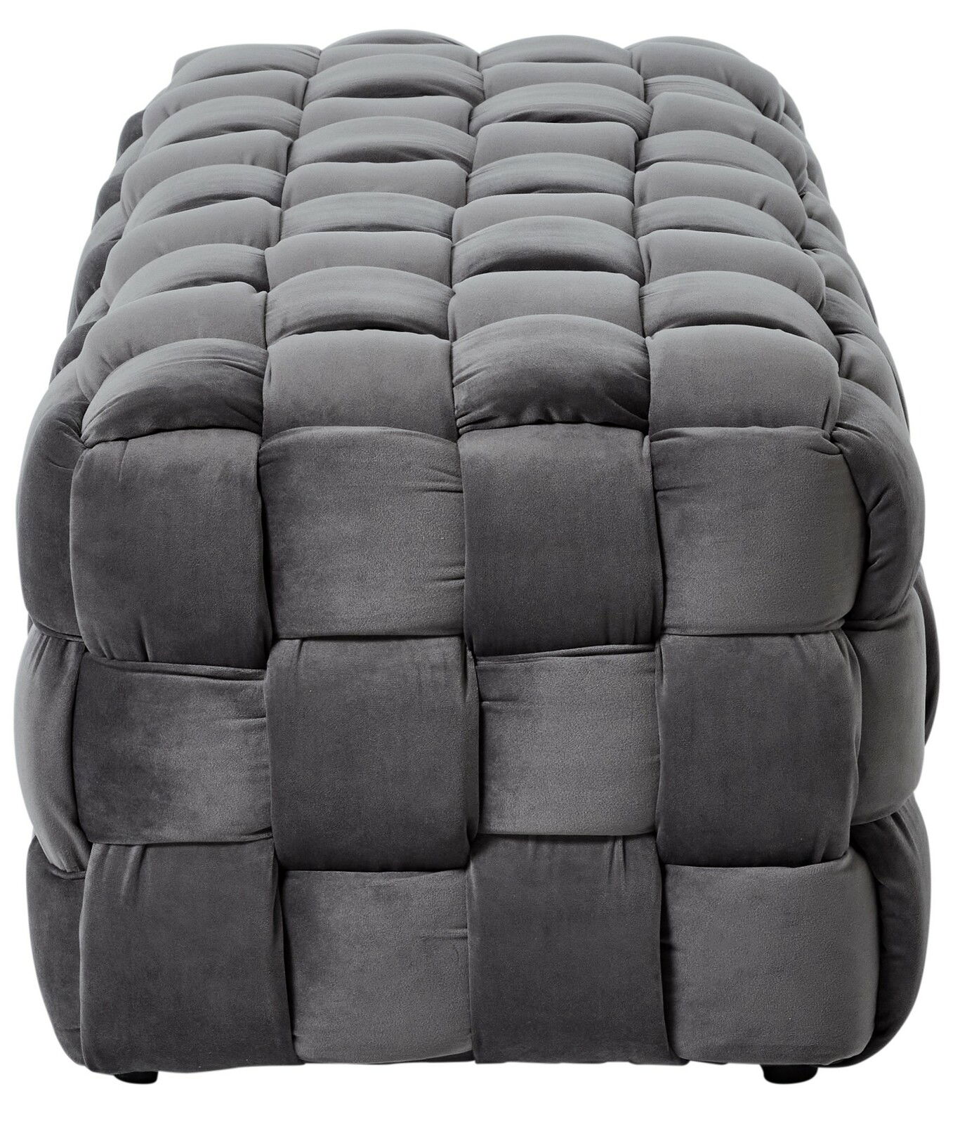 Grauer, gepolsterter Hocker mit quadratischem Muster, Vorderansicht