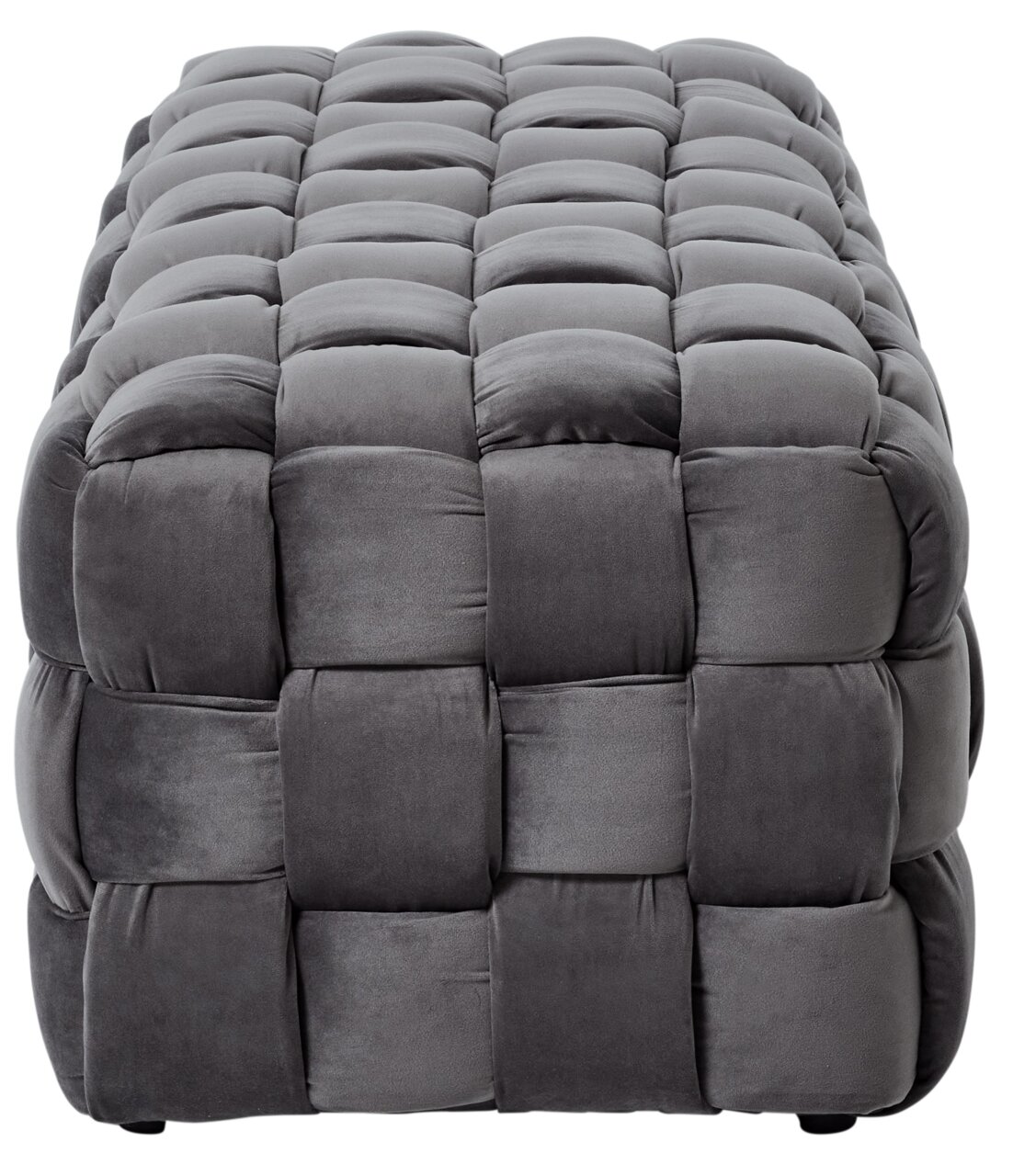 Grauer, gepolsterter Hocker mit quadratischem Muster, Vorderansicht