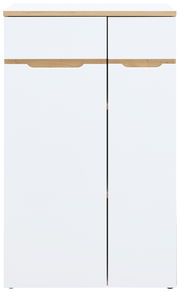 Moderner, niedriger Aktenschrank in Weiß mit Holzdetails, Frontalansicht