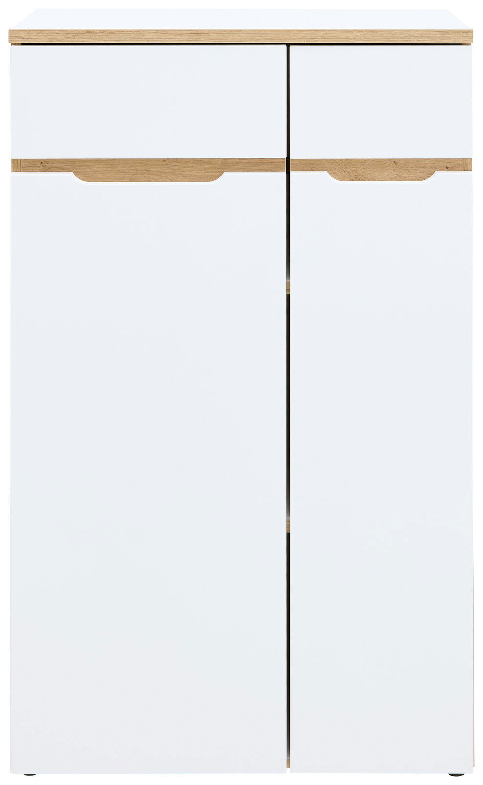 Moderner, niedriger Aktenschrank in Weiß mit Holzdetails, Frontalansicht