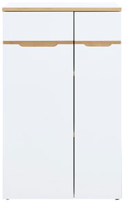 Moderner, niedriger Aktenschrank in Weiß mit Holzdetails, Frontalansicht