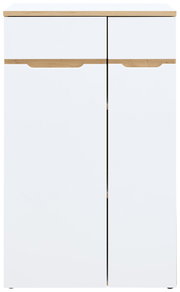 Moderner, niedriger Aktenschrank in Weiß mit Holzdetails, Frontalansicht
