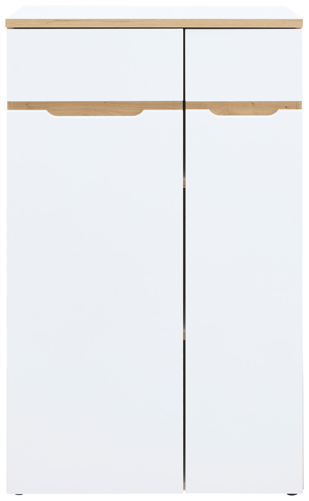 Moderner, niedriger Aktenschrank in Weiß mit Holzdetails, Frontalansicht