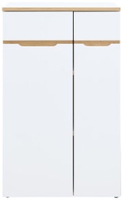Moderner, niedriger Aktenschrank in Weiß mit Holzdetails, Frontalansicht