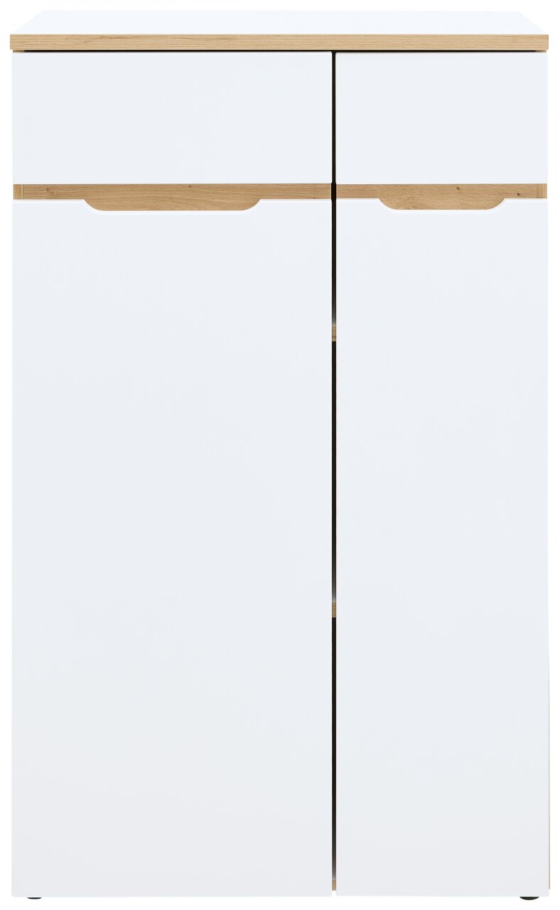 Moderner, niedriger Aktenschrank in Weiß mit Holzdetails, Frontalansicht