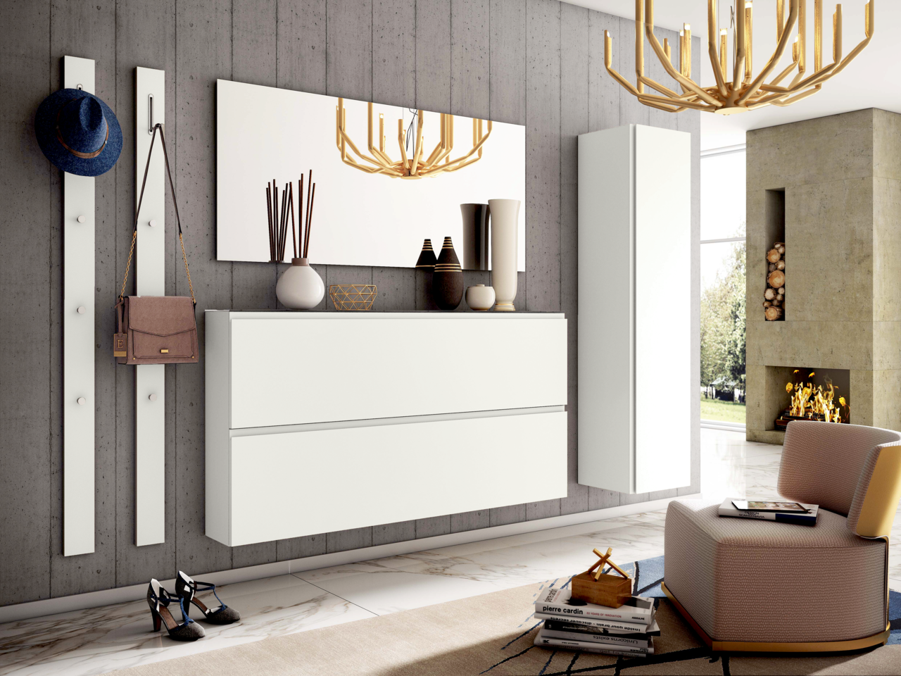 Moderano Garderoben-Set LECCO Modernes Garderobenset in einem stilvollen Wohnzimmer mit Wandspiegel, Hängeschrank und Dekorationen, seitliche Perspektive.