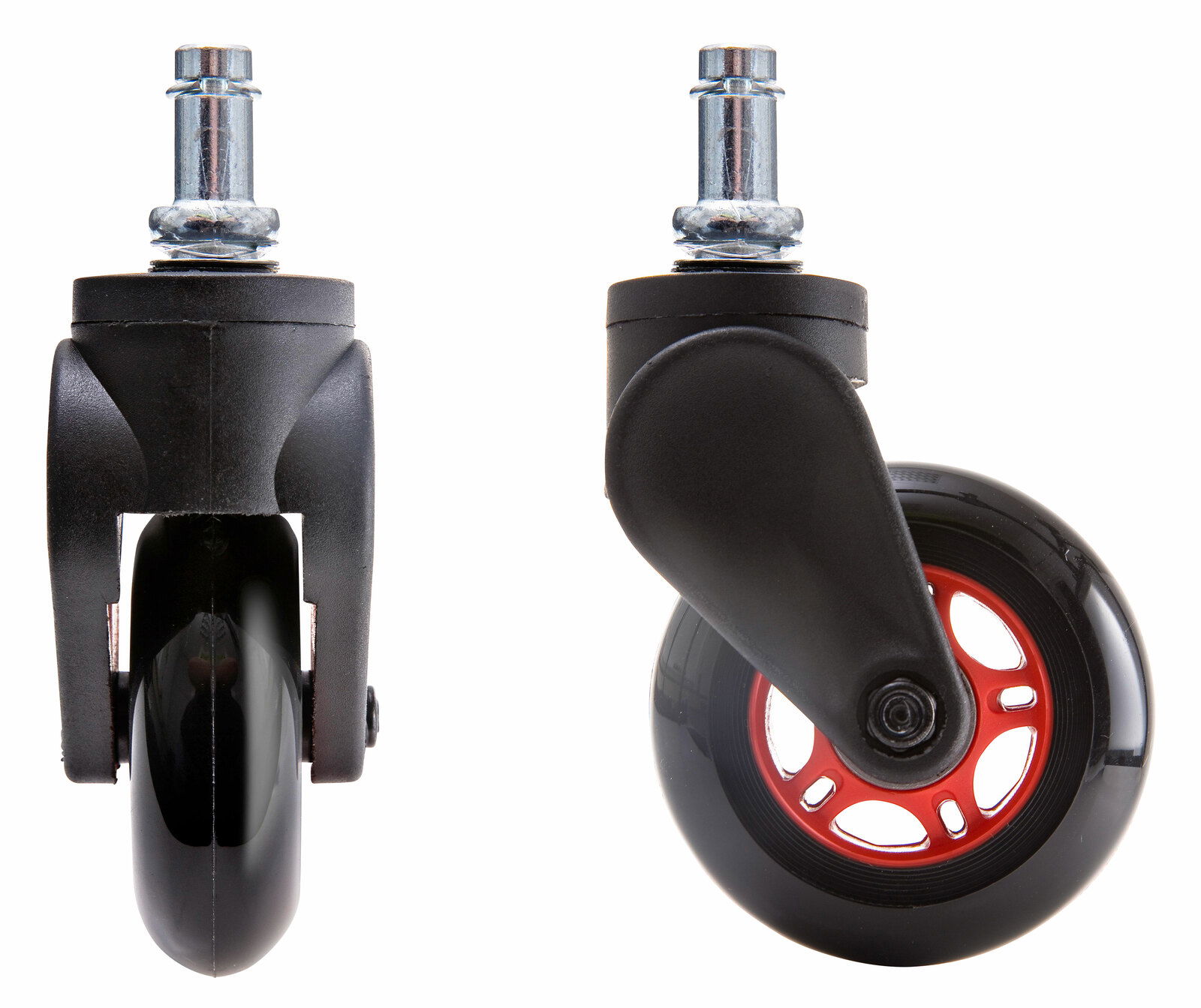 Zwei Hartbodenrollen in Vorder- und Seitenansicht, mit schwarzem Gehäuse und rotem Radkern.