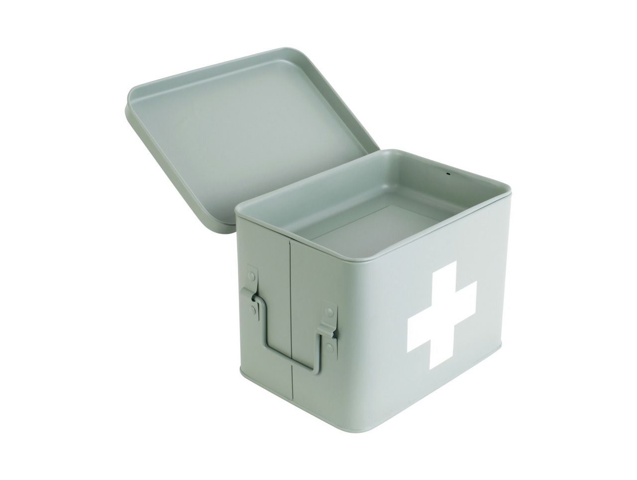 Graue Aufbewahrungsbox mit weißem Kreuz, geöffneter Deckel, seitliche Perspektive