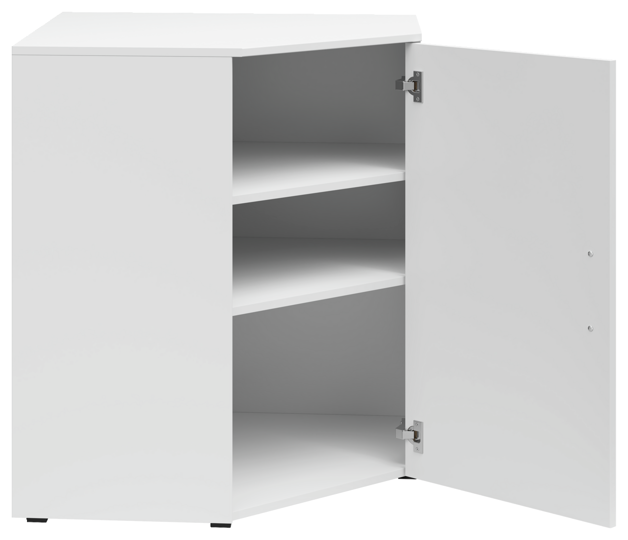 Weiße Eckkommode mit geöffneter Tür, zwei Einlegeböden und Blick von vorne.