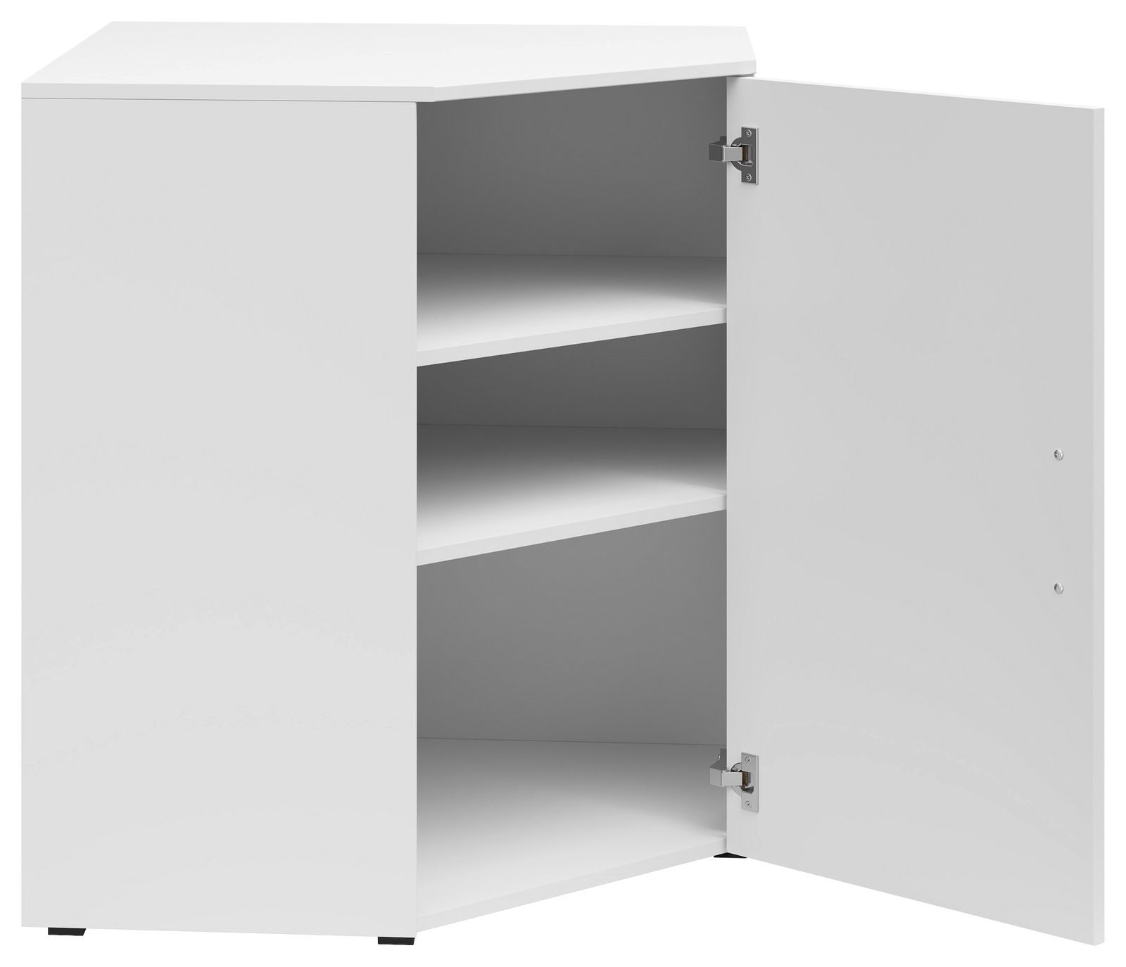 Weiße Eckkommode mit geöffneter Tür, zwei Einlegeböden und Blick von vorne.