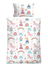 Biber Bettwäsche 100x135cm mit buntem Prinzessinnen- und Einhornmuster, Draufsicht