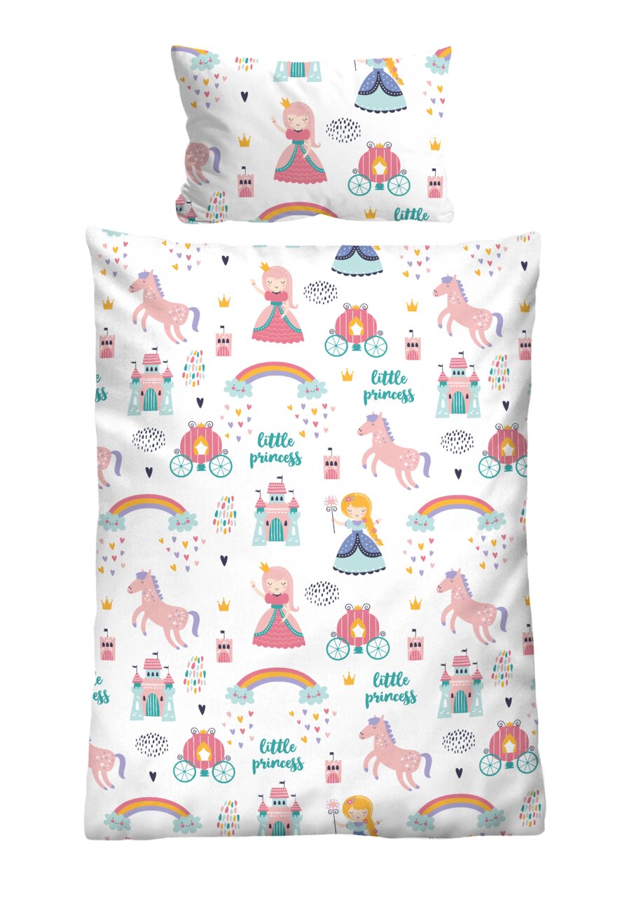 Biber Bettwäsche 100x135cm mit buntem Prinzessinnen- und Einhornmuster, Draufsicht