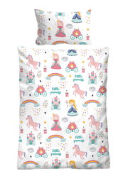 Biber Bettwäsche 100x135cm mit buntem Prinzessinnen- und Einhornmuster, Draufsicht