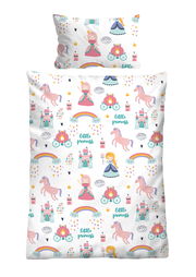 Biber Bettwäsche 100x135cm mit buntem Prinzessinnen- und Einhornmuster, Draufsicht