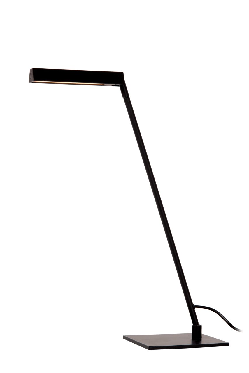 Moderne zwarte tafel- of bureaulamp met een slank, minimalistisch ontwerp, gezien vanaf de zijkant