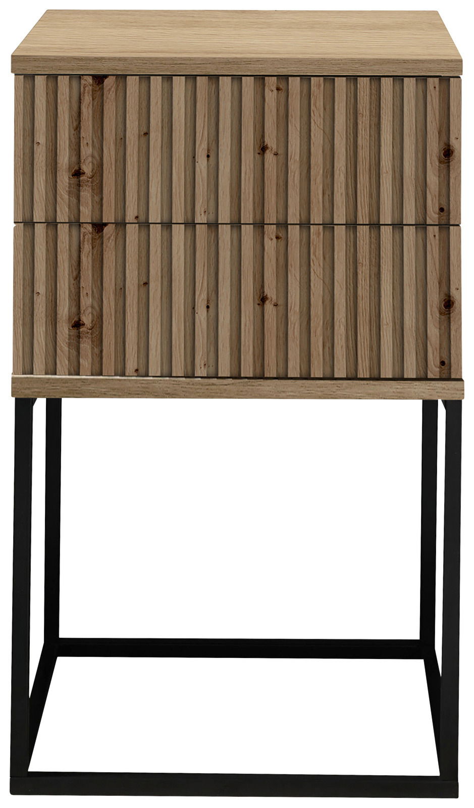 Frontale Ansicht einer modernen Nachtkommode mit Holzlamellen-Design und schwarzem Metallgestell.