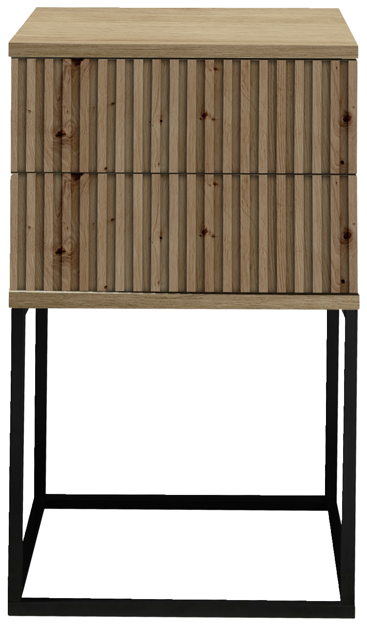 Frontale Ansicht einer modernen Nachtkommode mit Holzlamellen-Design und schwarzem Metallgestell.