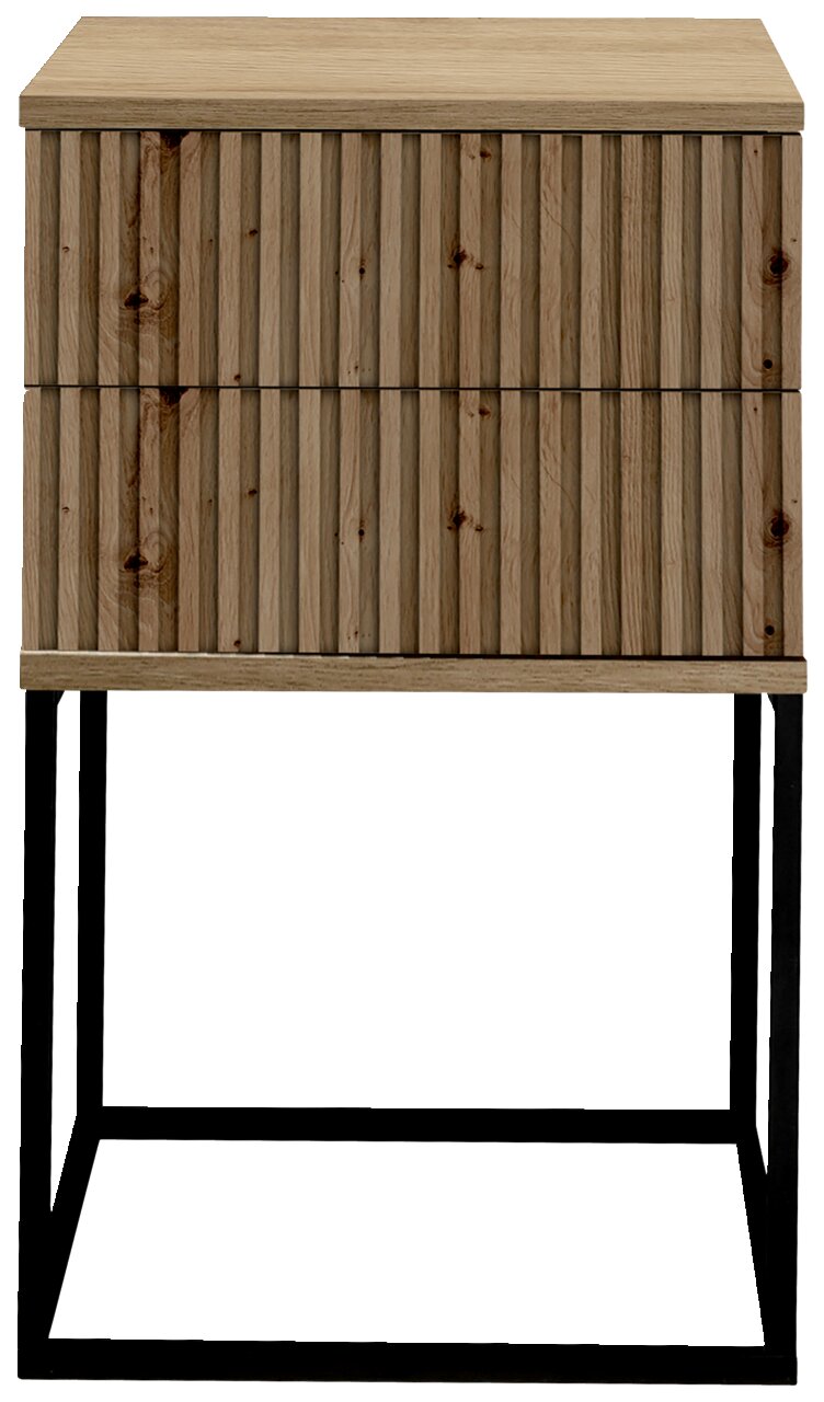 Frontale Ansicht einer modernen Nachtkommode mit Holzlamellen-Design und schwarzem Metallgestell.