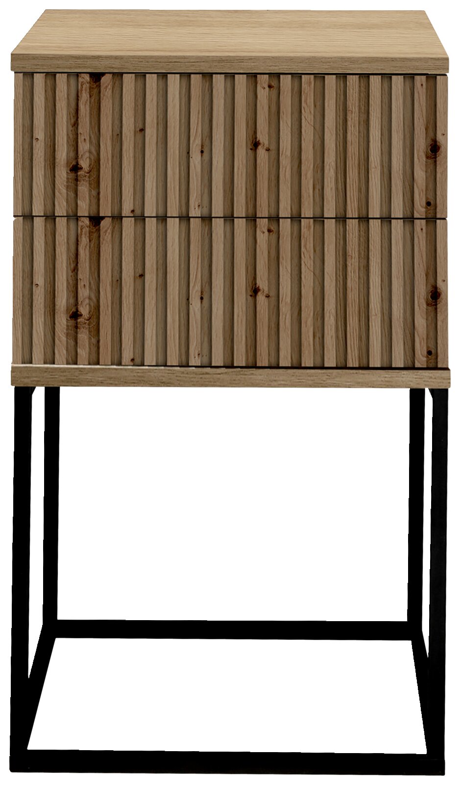 Vooraanzicht van een modern nachtkastje met een ontwerp van houten lamellen en een zwart metalen frame.