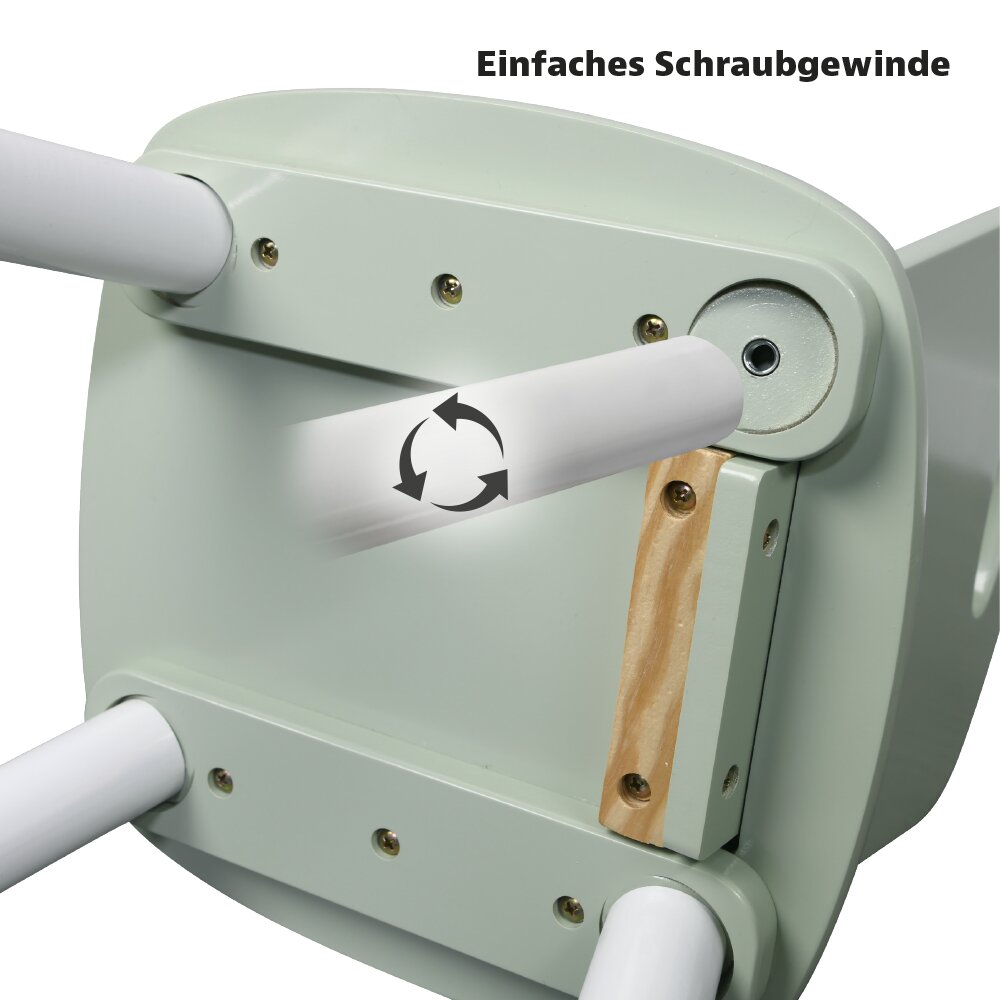 Unterseite eines Kindertisches mit einfachem Schraubgewinde zur Befestigung der Tischbeine.