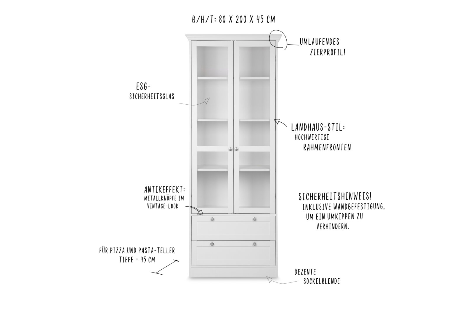 Weiße Vitrine im Landhaus-Stil mit ESG-Sicherheitsglas, umlaufendem Zierprofil und Metallknöpfen im Vintage-Look, frontal abgebildet.