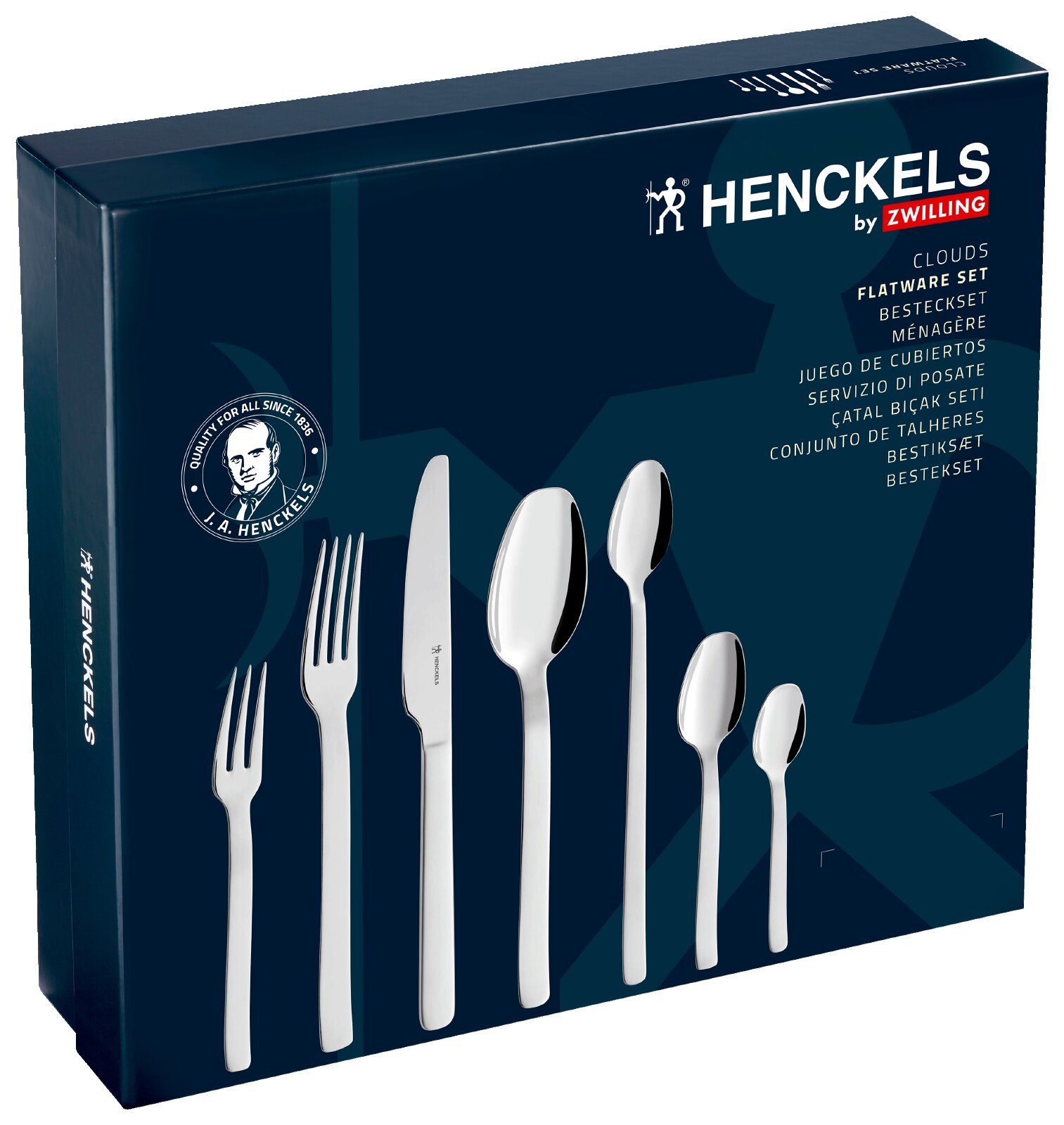 Henckels by Zwilling Clouds bestekset in donkerblauwe doos met afgebeelde vorken, messen en lepels, schuin van voren gefotografeerd (3/4-aanzicht)