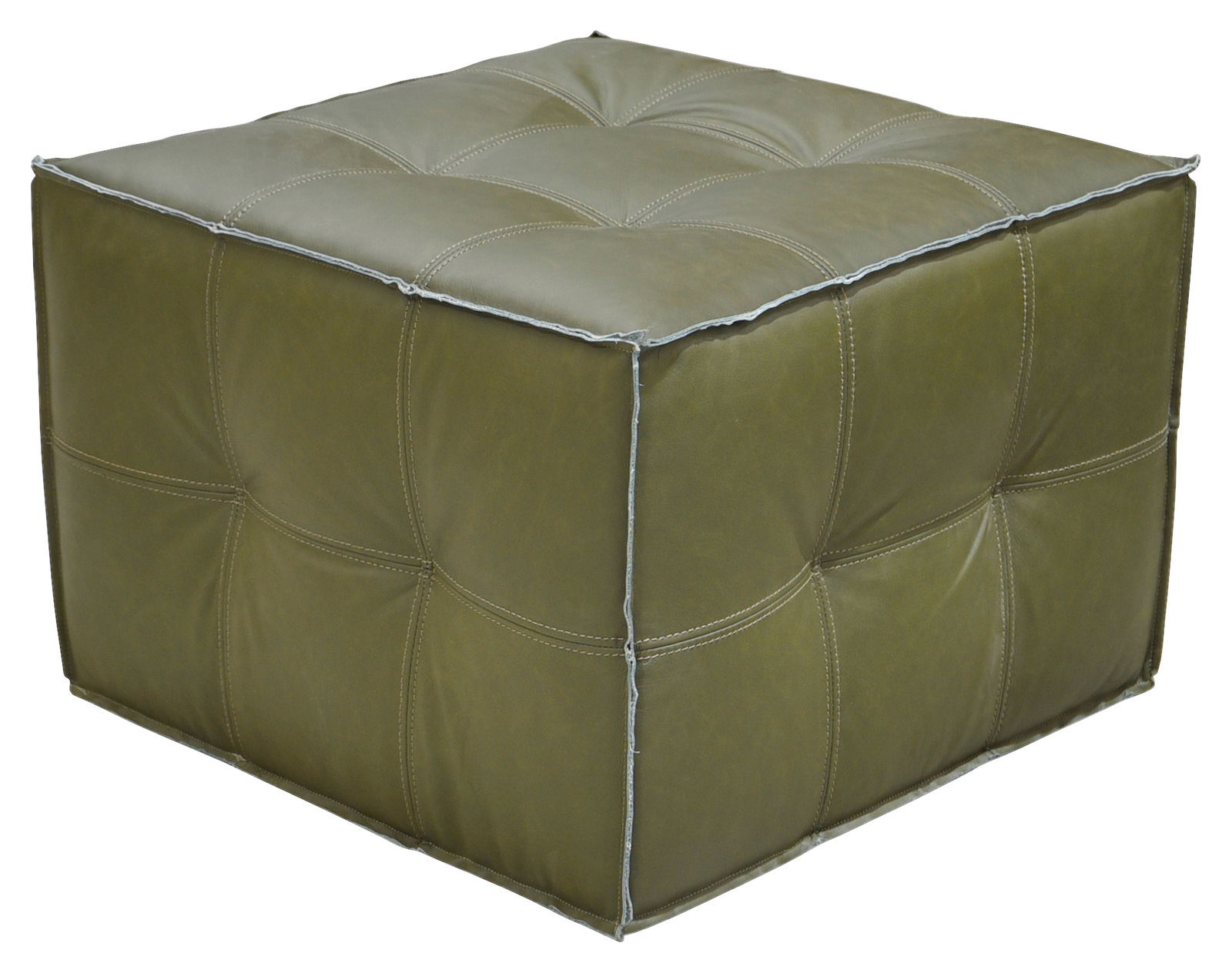 Landscape Hocker VERO Grüner, quadratischer Hocker aus Leder mit gestepptem Muster, seitliche Perspektive