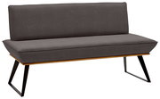 Moderne Bank mit grauem Stoffbezug und schwarzem Metallgestell, seitliche Perspektive