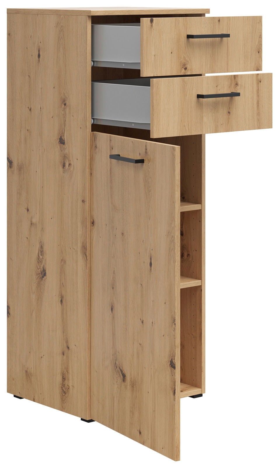 Holzkommode mit zwei offenen Schubladen und einer geöffneten Tür, seitliche Perspektive