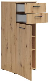 Holzkommode mit zwei offenen Schubladen und einer geöffneten Tür, seitliche Perspektive