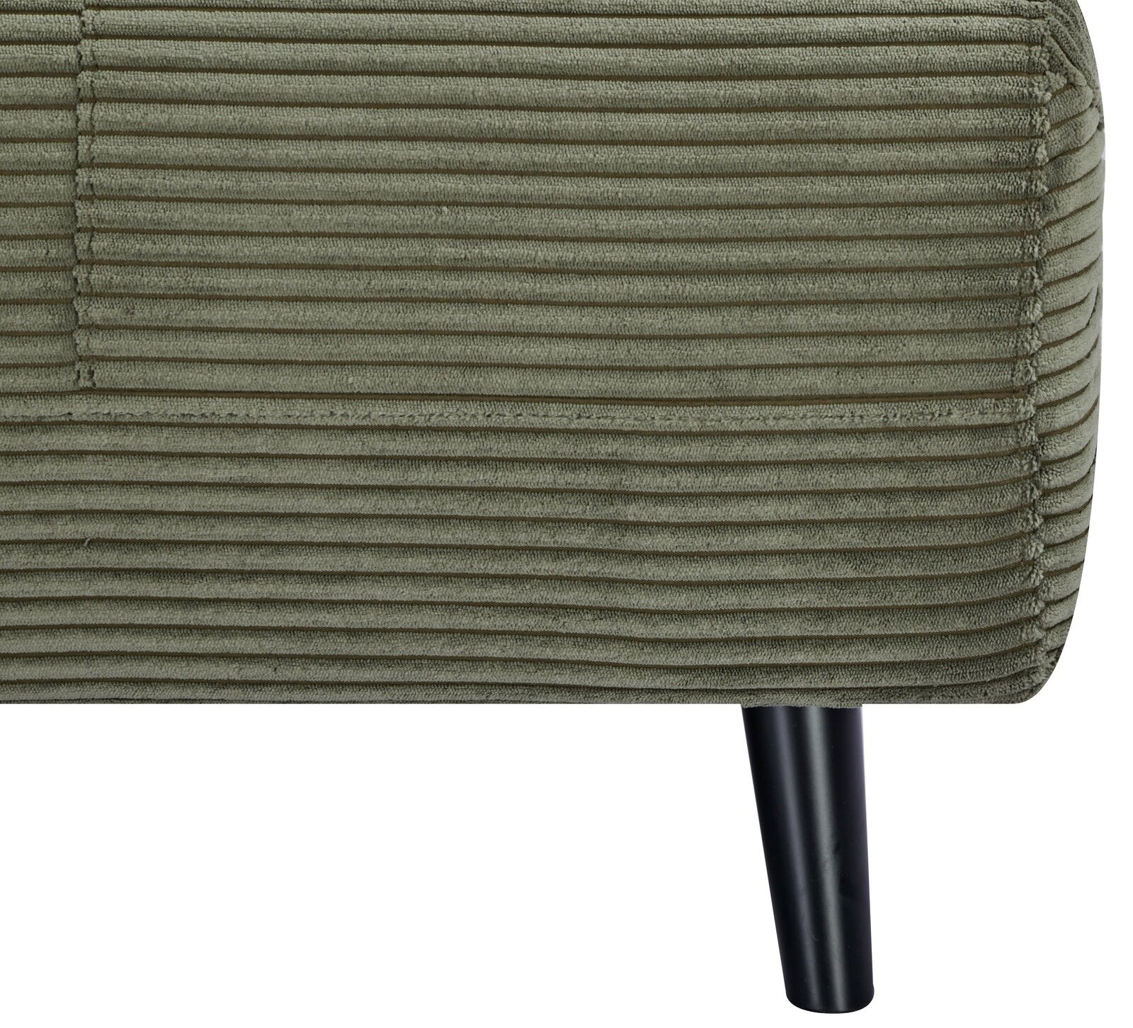 Nahaufnahme eines grünen Funktionssessels mit geripptem Stoffbezug und schwarzem Bein, seitliche Perspektive.