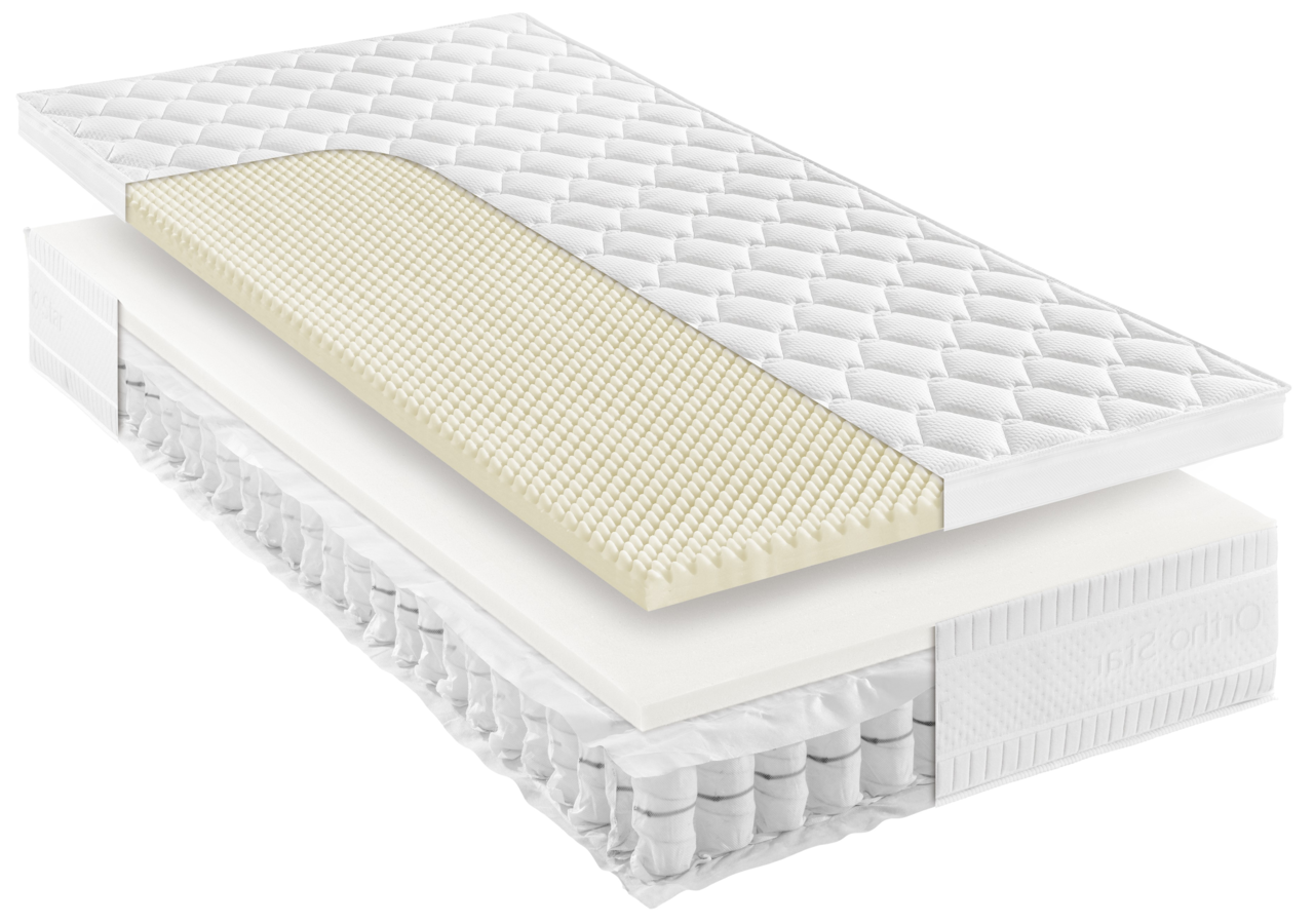 Querschnitt einer Taschenfederkernmatratze mit mehreren Schichten, darunter eine gepolsterte Oberfläche und eine Schicht aus Taschenfedern, seitliche Perspektive.