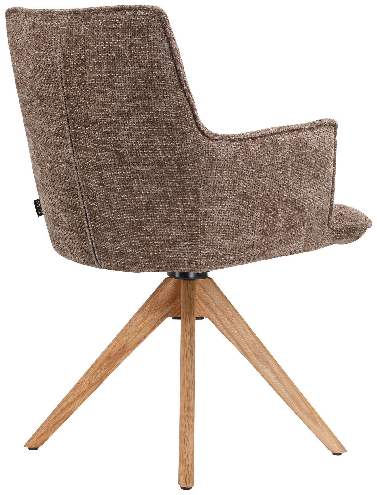 Rückansicht eines Sessels mit braunem Stoffbezug und Holzbeinen in Dreibein-Design.