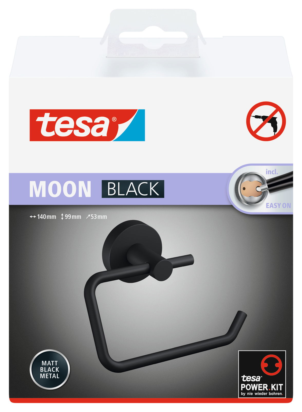 Schwarzer Toilettenpapierhalter von tesa MOON BLACK aus mattem Metall, seitliche Perspektive, inklusive Power.Kit für bohrfreie Montage.