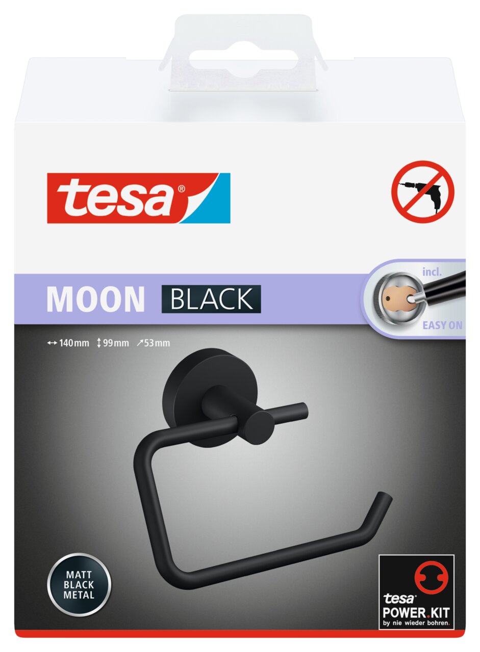 Zwarte toiletrolhouder van tesa MOON BLACK van mat metaal, zijaanzicht, inclusief Power.Kit voor montage zonder boren.