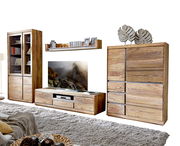 Wohnzimmermöbel-Set aus Holz mit Vitrine, TV-Element und Highboard in frontaler Perspektive.