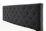 Schwarzes, gestepptes Kopfteil eines Polsterbetts in seitlicher Perspektive.