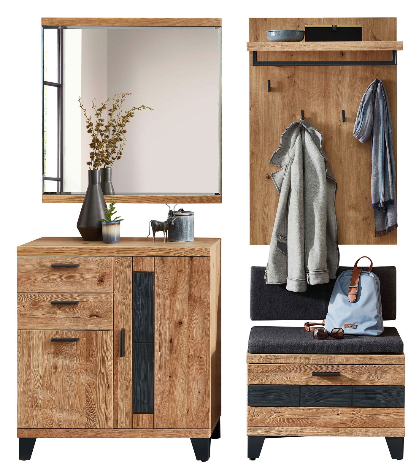 Garderobenkombination Set 84 in Holzoptik mit Spiegel, Hakenleiste und Sitzbank, frontale Ansicht