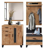 Garderobenkombination Set 84 in Holzoptik mit Spiegel, Hakenleiste und Sitzbank, frontale Ansicht